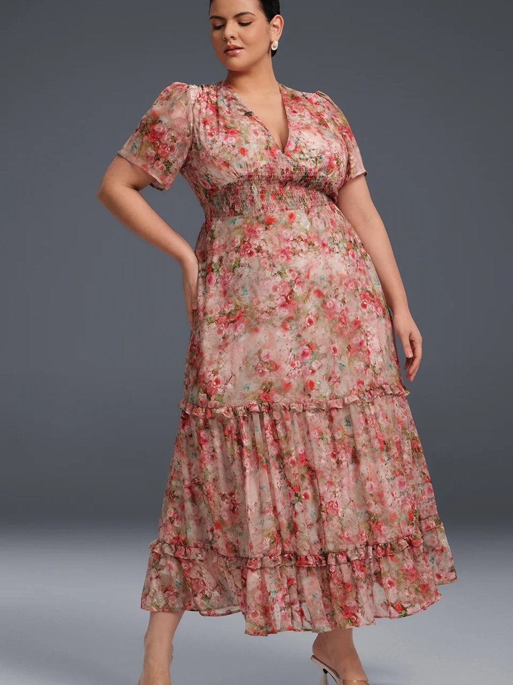 Smocked Waist Blue Floral Midi Dress